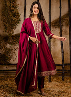 Vellora Silk Blend Maroon Party Wear Embroidery Work Readymade Salwar Suit | Grocsy