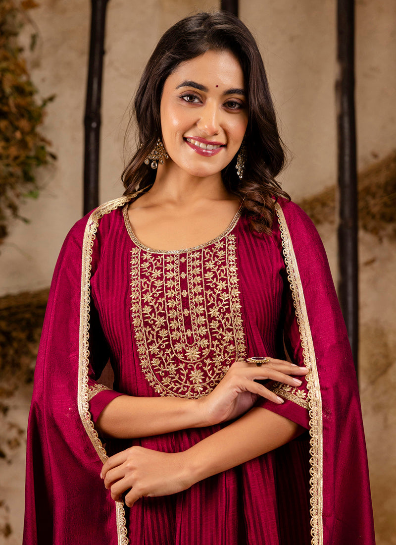 Vellora Silk Blend Maroon Party Wear Embroidery Work Readymade Salwar Suit | Grocsy