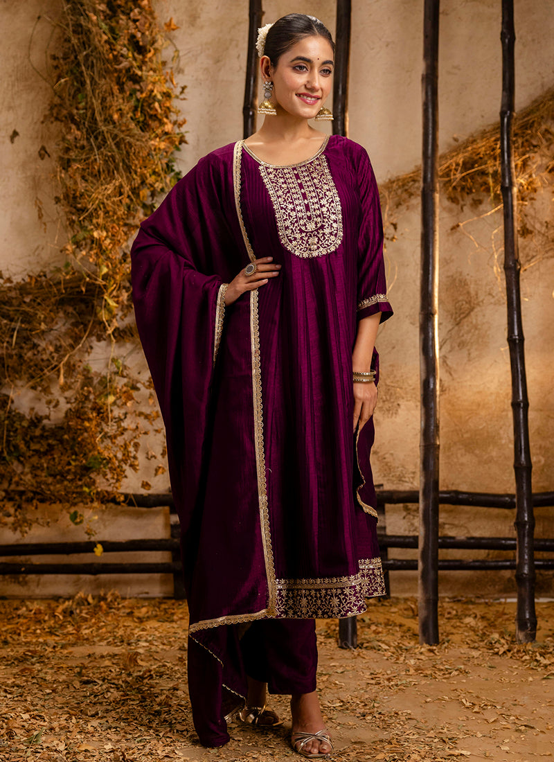 Vellora Silk Blend Wine Party Wear Embroidery Work Readymade Salwar Suit | Grocsy