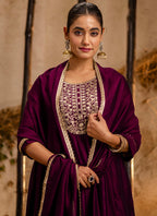 Vellora Silk Blend Wine Party Wear Embroidery Work Readymade Salwar Suit | Grocsy