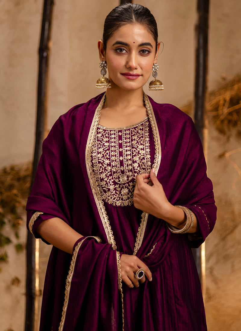 Vellora Silk Blend Wine Party Wear Embroidery Work Readymade Salwar Suit | Grocsy