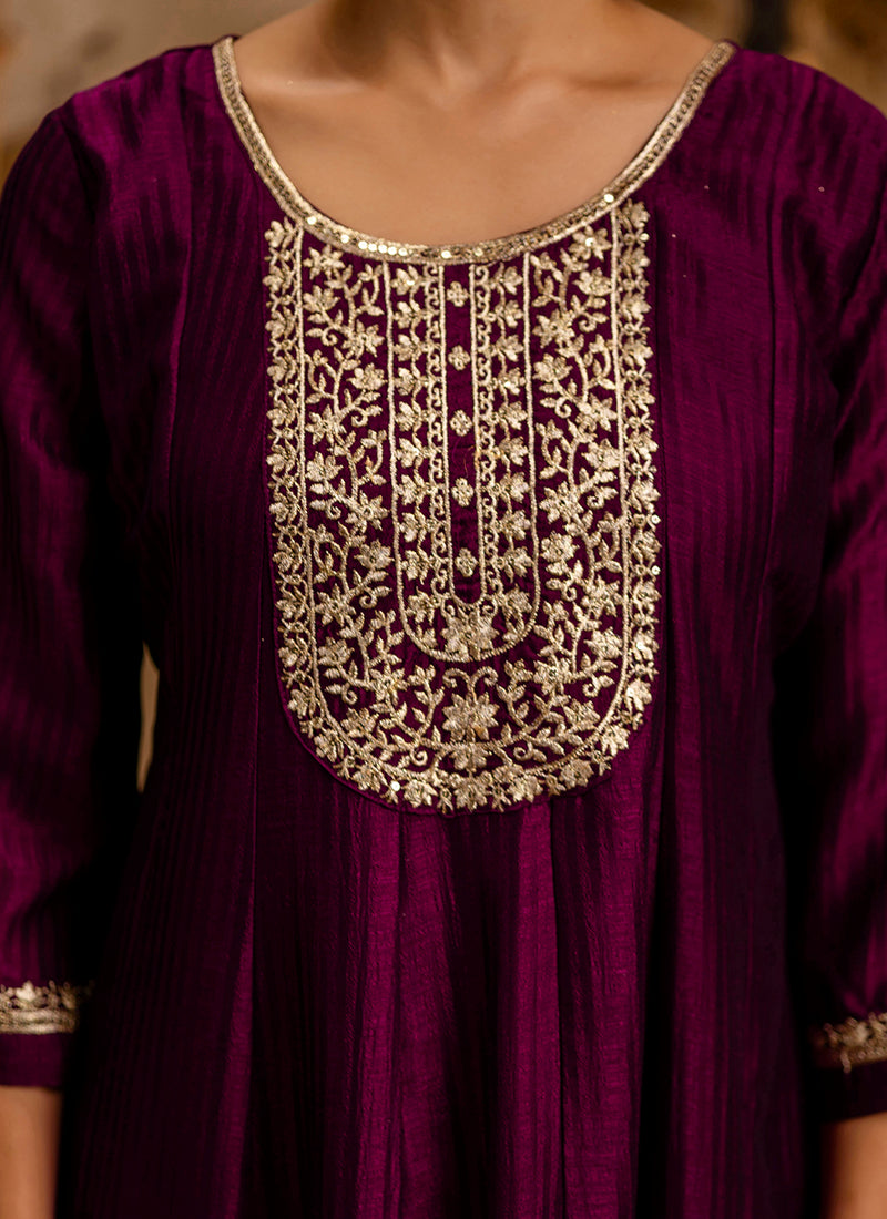 Vellora Silk Blend Wine Party Wear Embroidery Work Readymade Salwar Suit | Grocsy