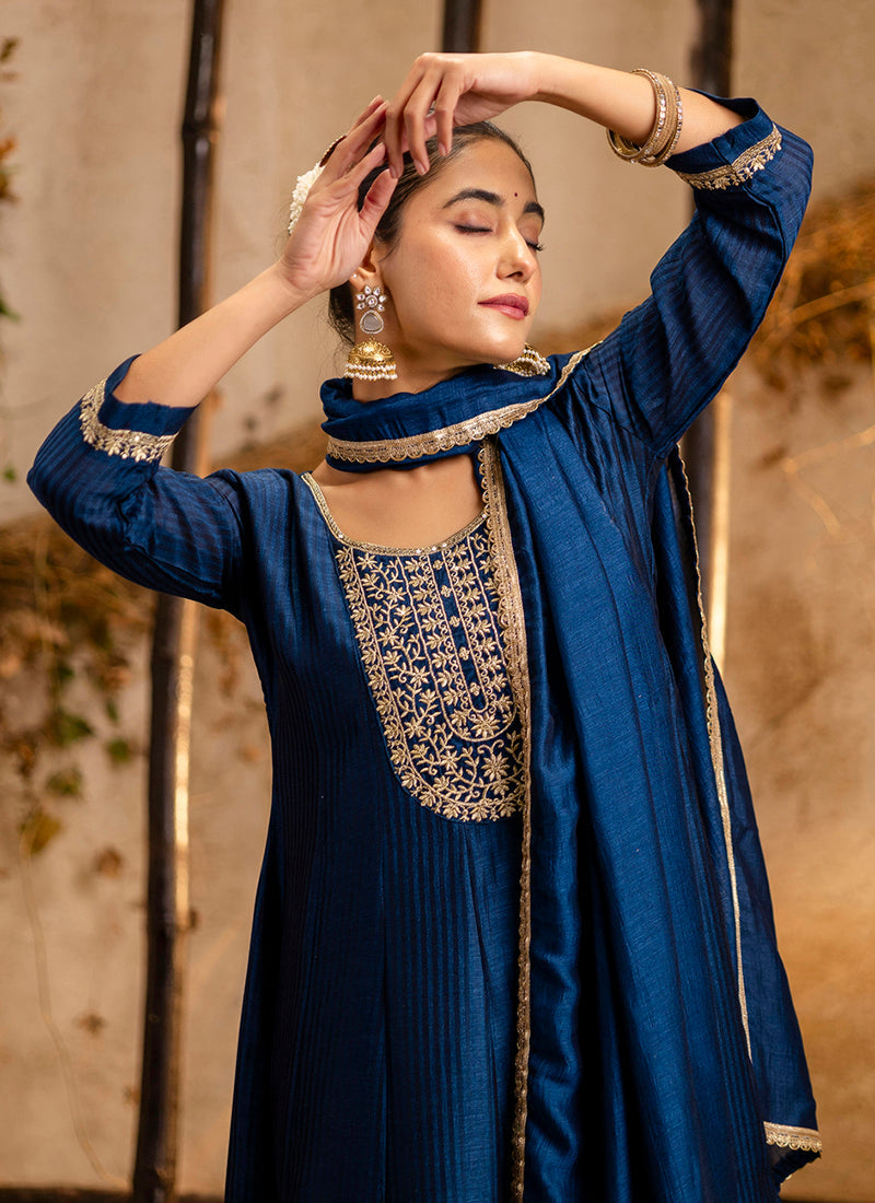 Vellora Silk Blend Navy Blue Party Wear Embroidery Work Readymade Salwar Suit | Grocsy
