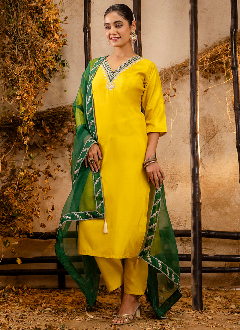 Vellora Silk Blend Yellow Party Wear Embroidery Work Readymade Salwar Suit | Grocsy
