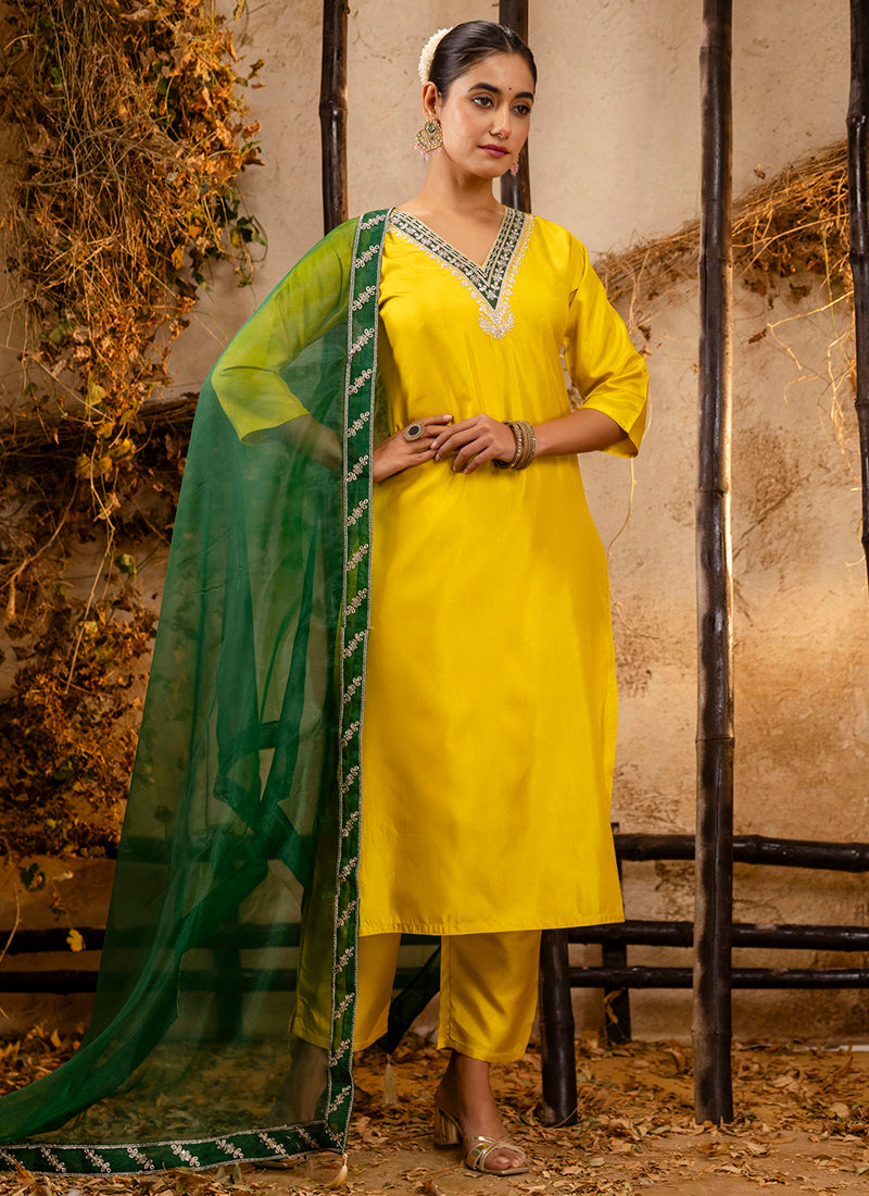 Vellora Silk Blend Yellow Party Wear Embroidery Work Readymade Salwar Suit | Grocsy