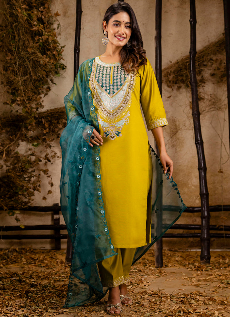 Vellora Viscose Yellow Festival Wear Embroidery Work Readymade Salwar Suit | Grocsy