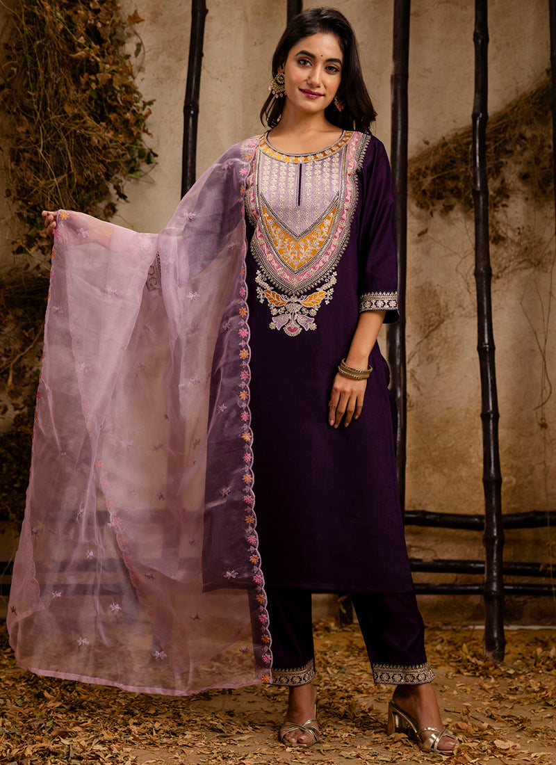 Vellora Viscose Wine Festival Wear Embroidery Work Readymade Salwar Suit | Grocsy