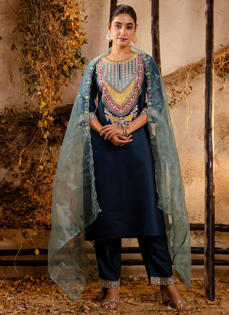 Vellora Viscose Teal Festival Wear Embroidery Work Readymade Salwar Suit | Grocsy