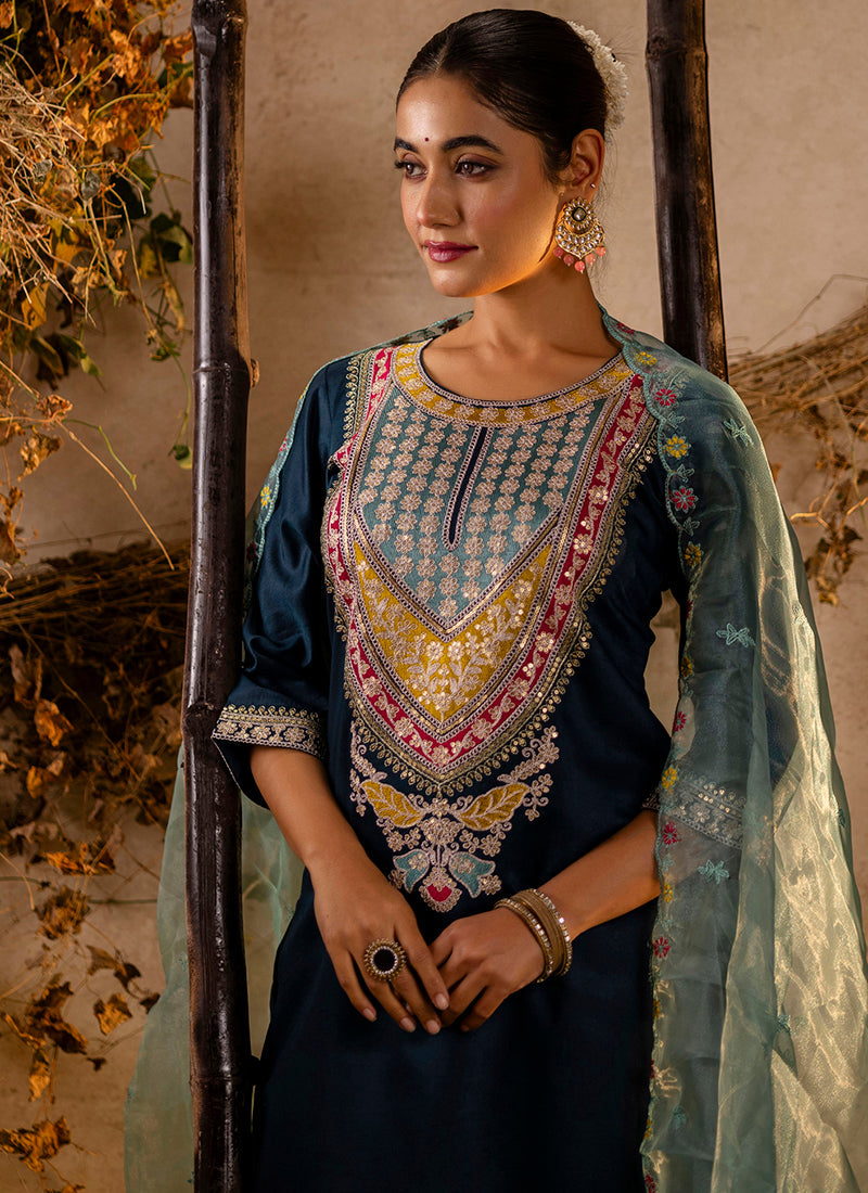 Vellora Viscose Teal Festival Wear Embroidery Work Readymade Salwar Suit | Grocsy