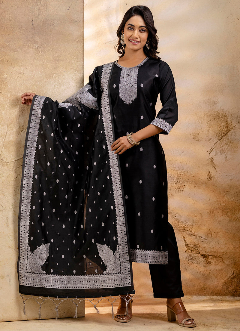 Vellora Cotton Blend Black Party Wear Weaving Work Readymade Salwar Suit | Grocsy