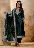 Vellora Cotton Blend Dark Green Party Wear Weaving Work Readymade Salwar Suit | Grocsy