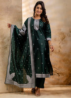 Vellora Cotton Blend Dark Green Party Wear Weaving Work Readymade Salwar Suit | Grocsy