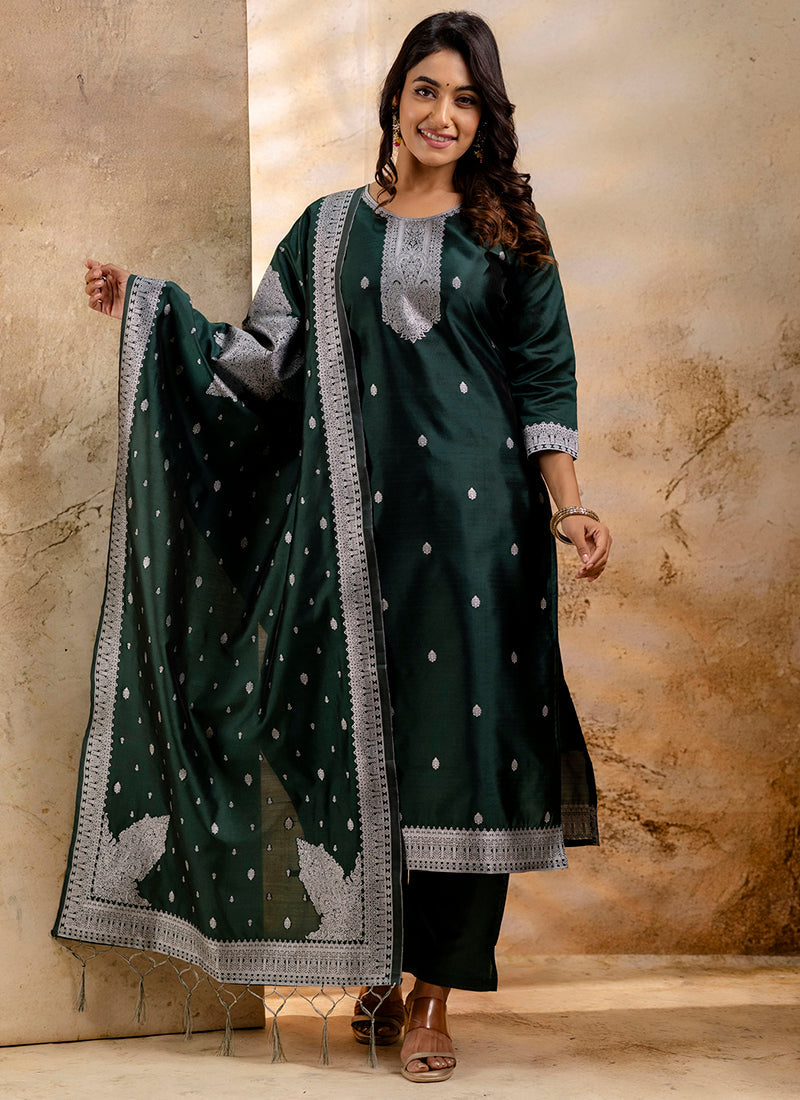 Vellora Cotton Blend Dark Green Party Wear Weaving Work Readymade Salwar Suit | Grocsy