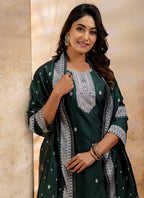 Vellora Cotton Blend Dark Green Party Wear Weaving Work Readymade Salwar Suit | Grocsy