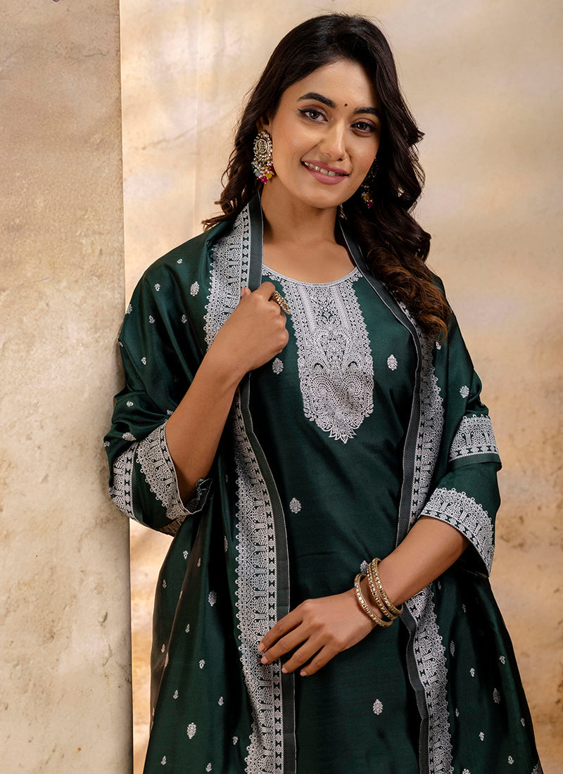 Vellora Cotton Blend Dark Green Party Wear Weaving Work Readymade Salwar Suit | Grocsy