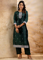 Vellora Cotton Blend Dark Green Party Wear Weaving Work Readymade Salwar Suit | Grocsy