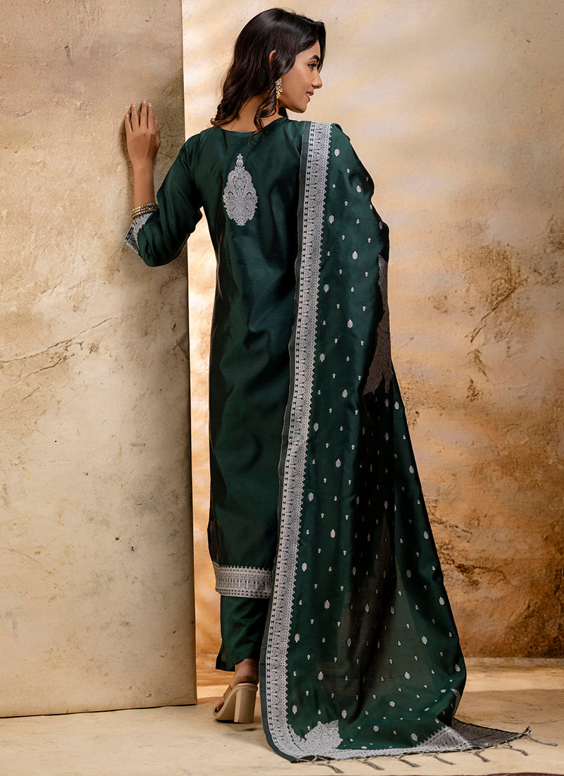 Vellora Cotton Blend Dark Green Party Wear Weaving Work Readymade Salwar Suit | Grocsy