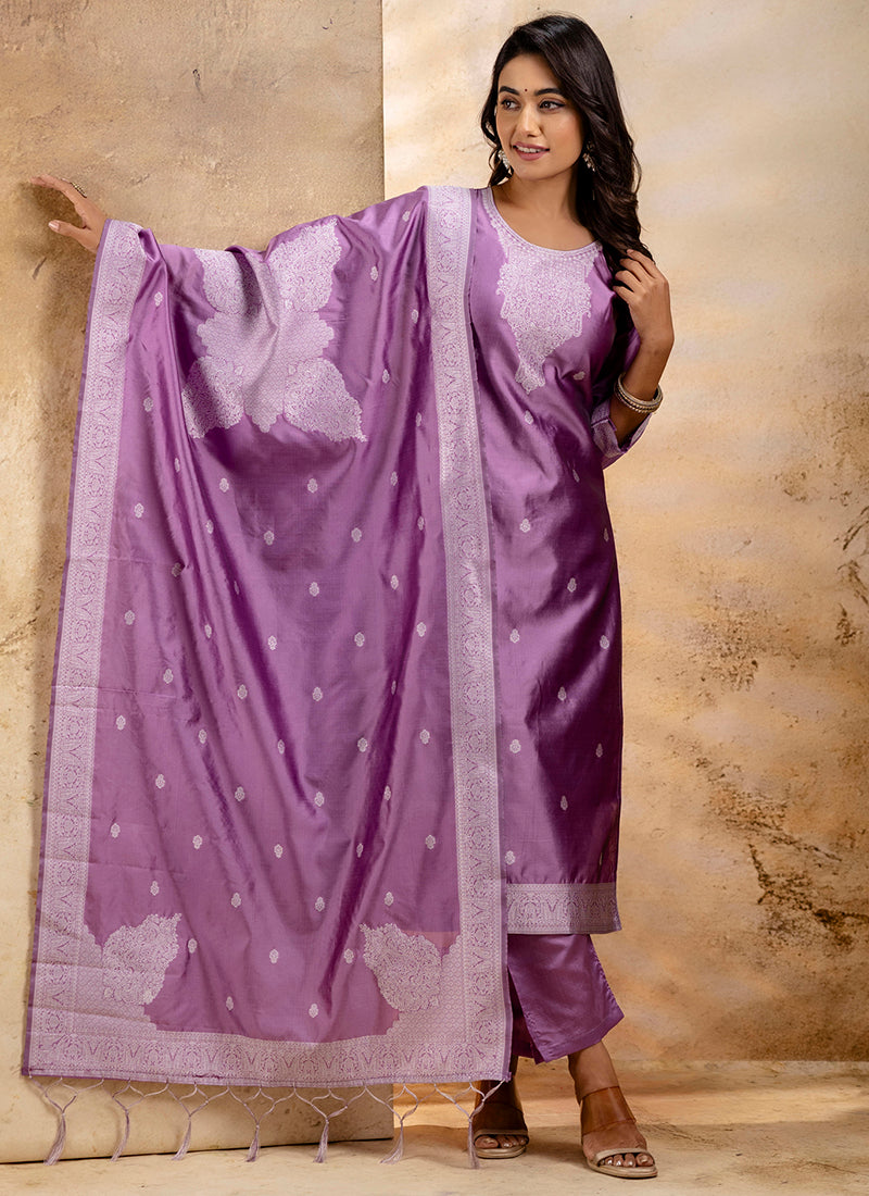 Vellora Cotton Blend Dusty Pink Party Wear Weaving Work Readymade Salwar Suit | Grocsy