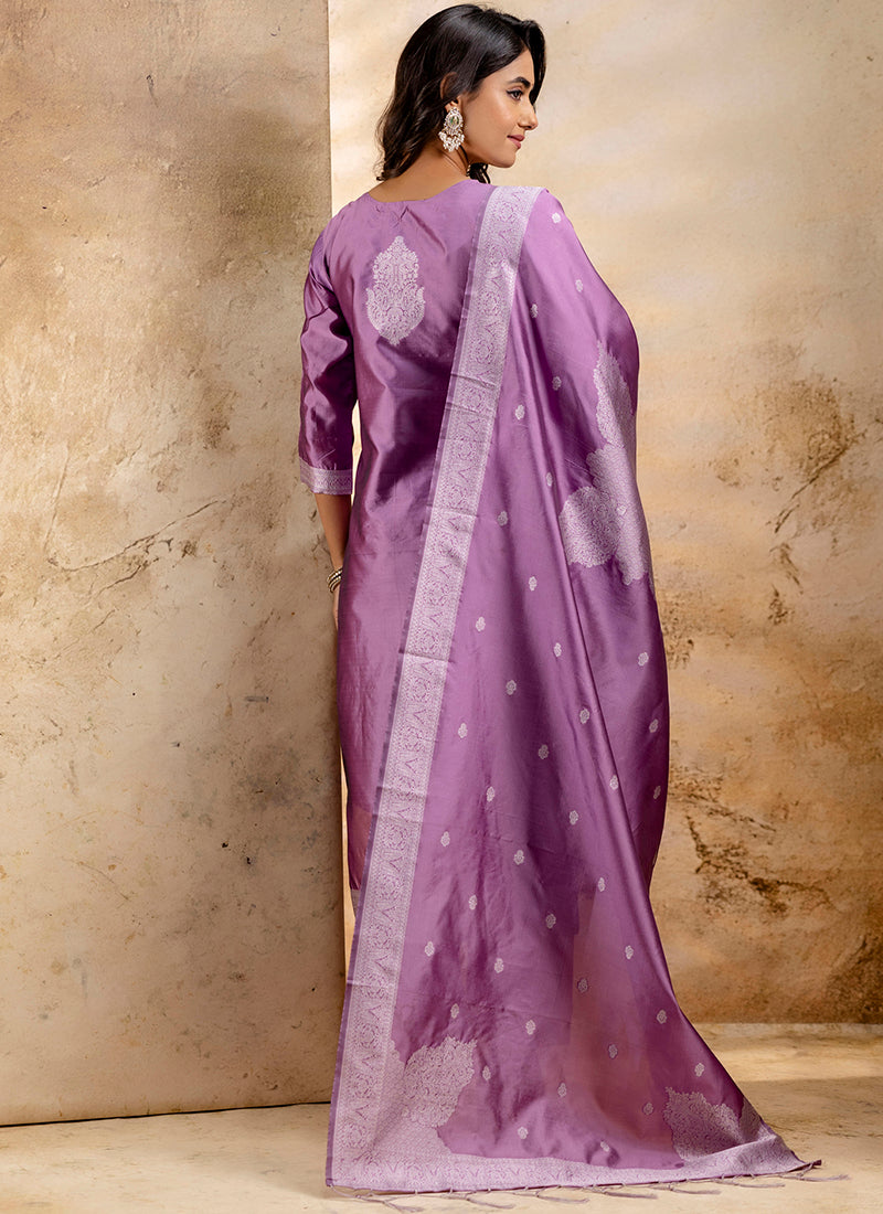Vellora Cotton Blend Dusty Pink Party Wear Weaving Work Readymade Salwar Suit | Grocsy