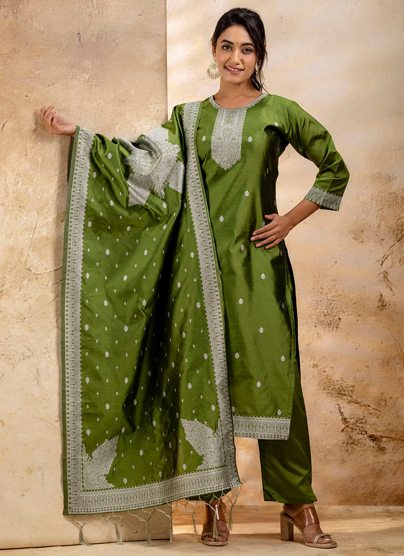 Vellora Cotton Blend Mehendi Party Wear Weaving Work Readymade Salwar Suit | Grocsy