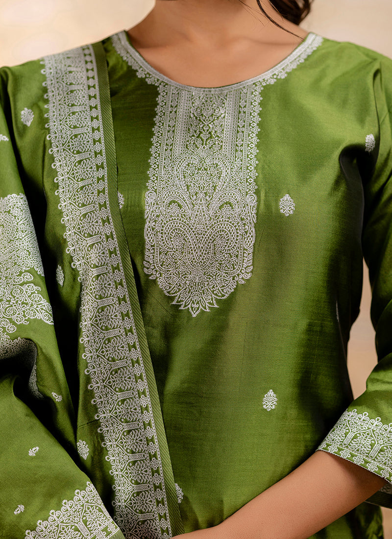 Vellora Cotton Blend Mehendi Party Wear Weaving Work Readymade Salwar Suit | Grocsy