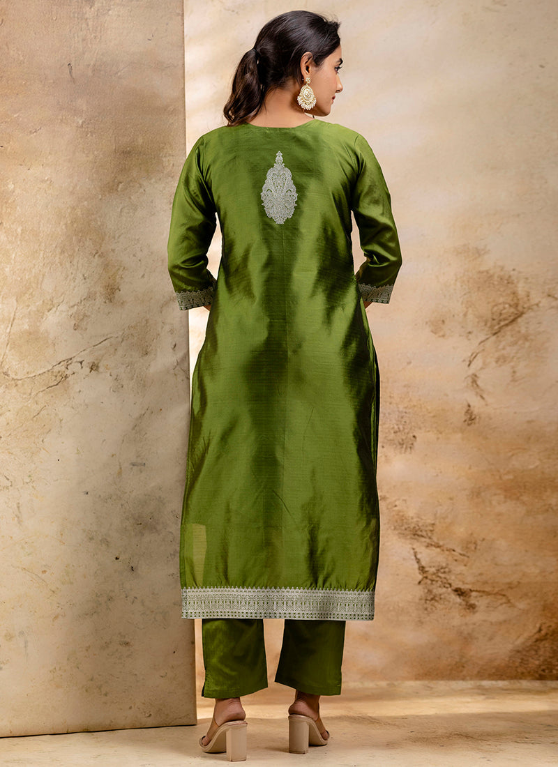 Vellora Cotton Blend Mehendi Party Wear Weaving Work Readymade Salwar Suit | Grocsy