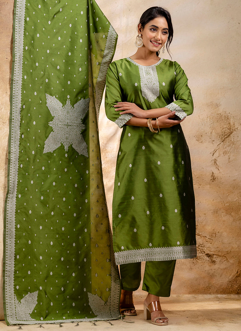 Vellora Cotton Blend Mehendi Party Wear Weaving Work Readymade Salwar Suit | Grocsy