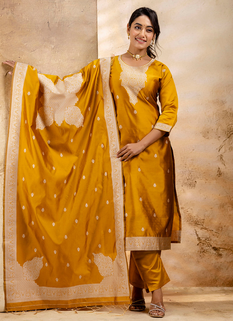 Vellora Cotton Blend Mustard Party Wear Weaving Work Readymade Salwar Suit | Grocsy