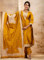 Vellora Cotton Blend Mustard Party Wear Weaving Work Readymade Salwar Suit | Grocsy