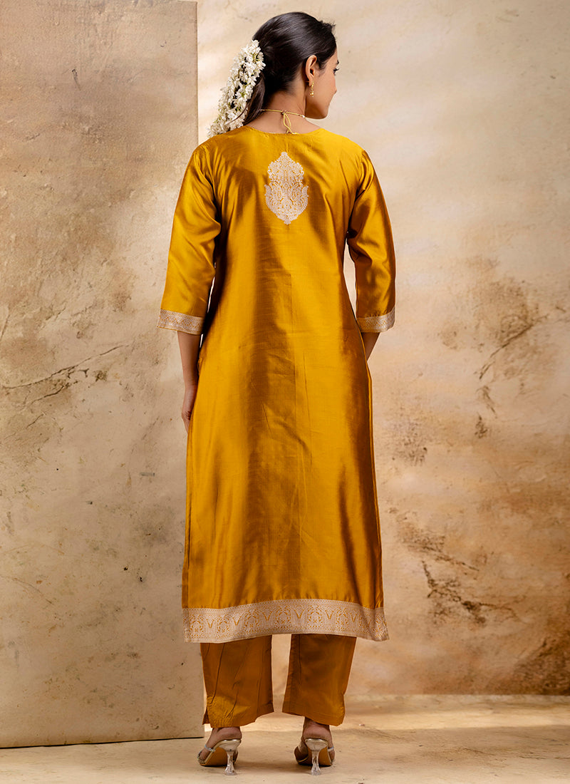 Vellora Cotton Blend Mustard Party Wear Weaving Work Readymade Salwar Suit | Grocsy