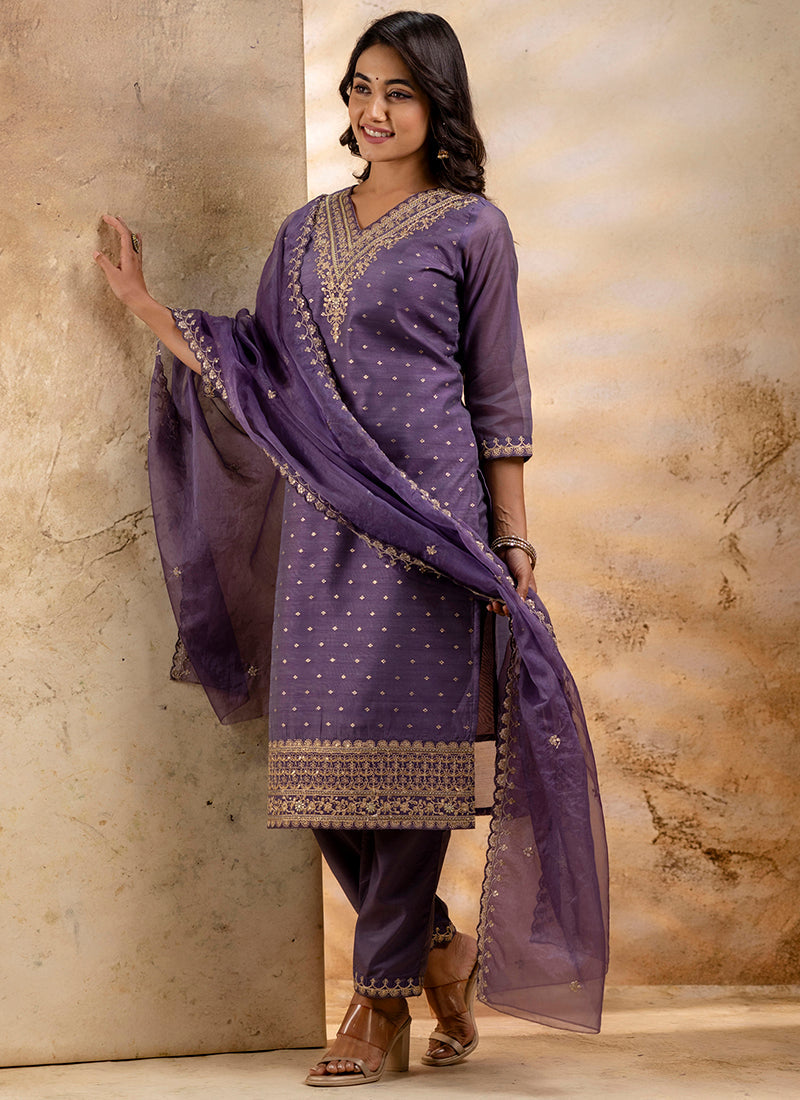 Vellora Chanderi Silk Pink Party Wear Embroidery Work Readymade Salwar Suit | Grocsy
