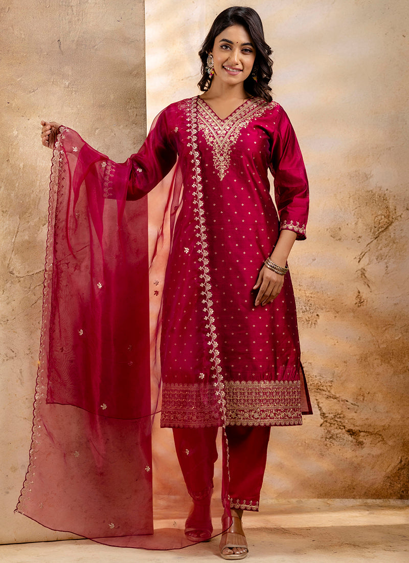 Vellora Chanderi Silk Dark Green Party Wear Embroidery Work Readymade Salwar Suit | Grocsy