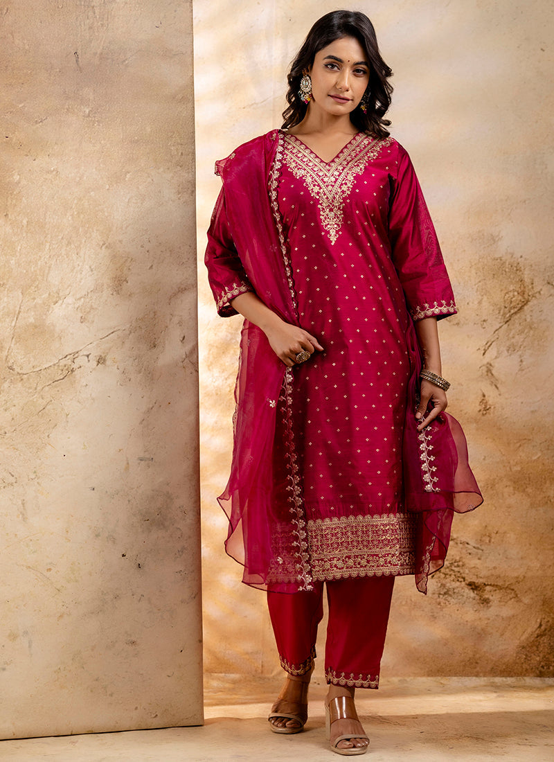 Vellora Chanderi Silk Dark Green Party Wear Embroidery Work Readymade Salwar Suit | Grocsy