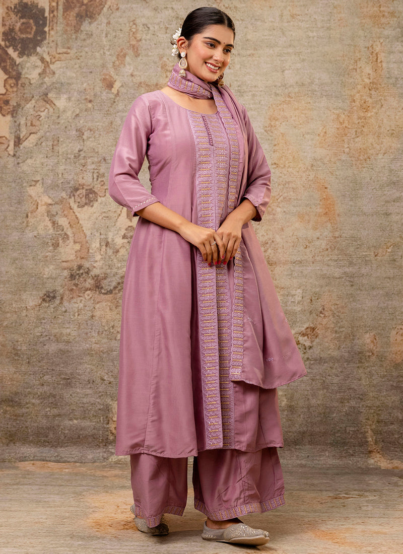 Vellora Silk Blend Dusty Pink Casual Wear Embroidery Work Readymade Plazzo Suit | Grocsy