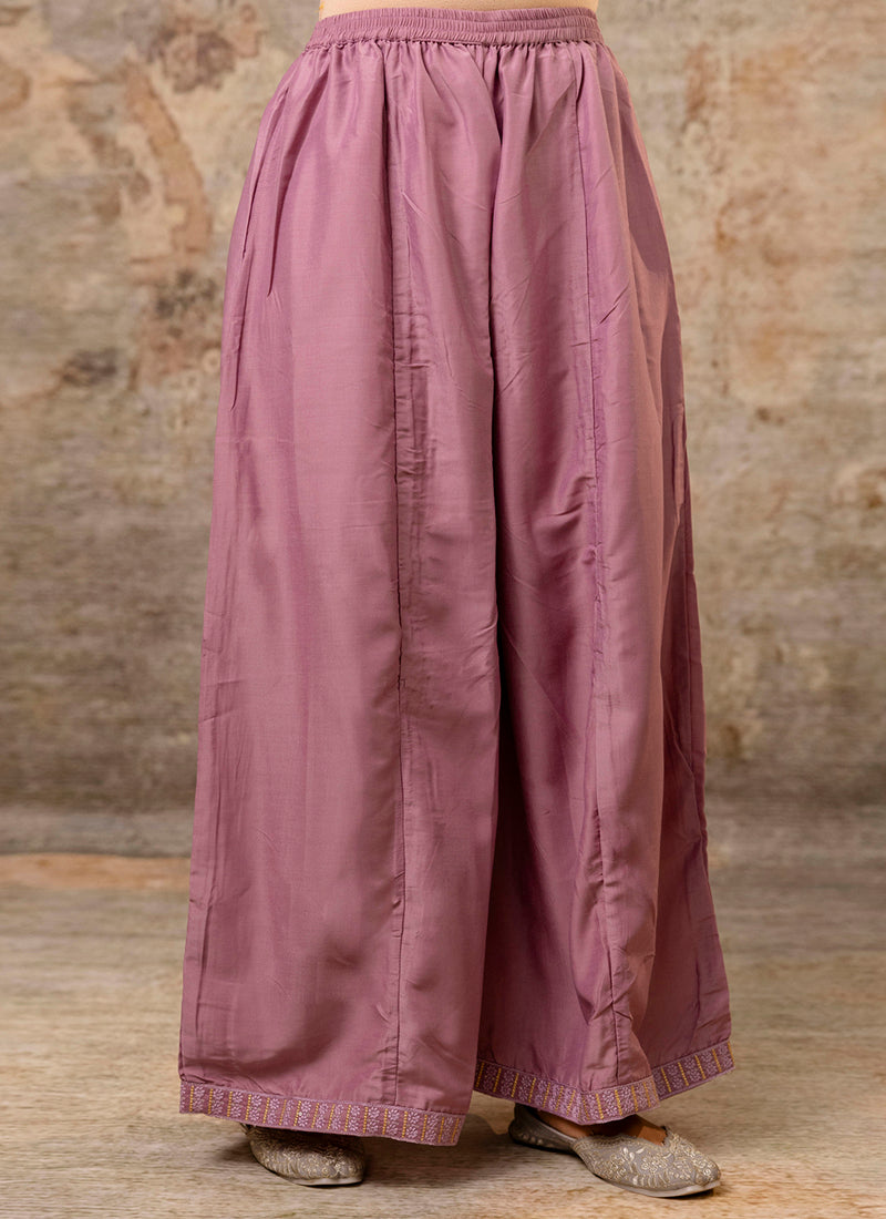 Vellora Silk Blend Dusty Pink Casual Wear Embroidery Work Readymade Plazzo Suit | Grocsy