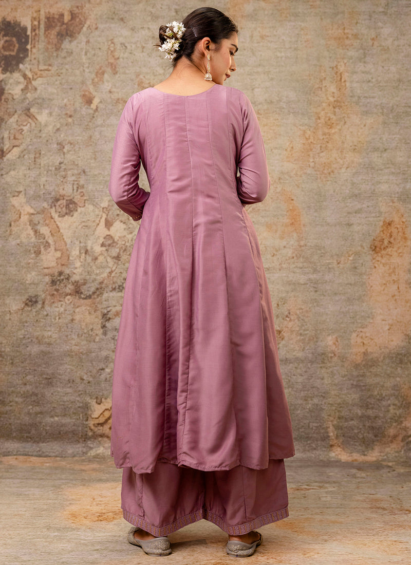Vellora Silk Blend Dusty Pink Casual Wear Embroidery Work Readymade Plazzo Suit | Grocsy