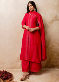 Vellora Silk Blend Red Casual Wear Embroidery Work Readymade Plazzo Suit | Grocsy