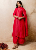 Vellora Silk Blend Red Casual Wear Embroidery Work Readymade Plazzo Suit | Grocsy