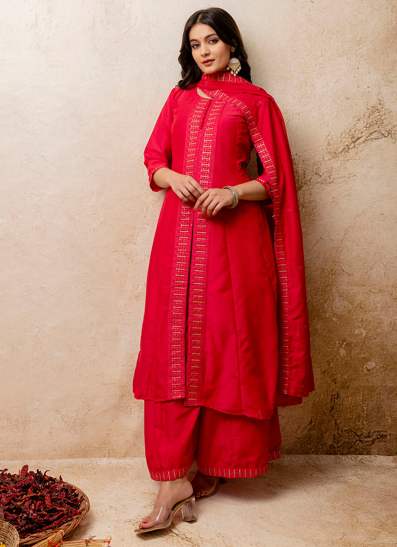Vellora Silk Blend Red Casual Wear Embroidery Work Readymade Plazzo Suit | Grocsy