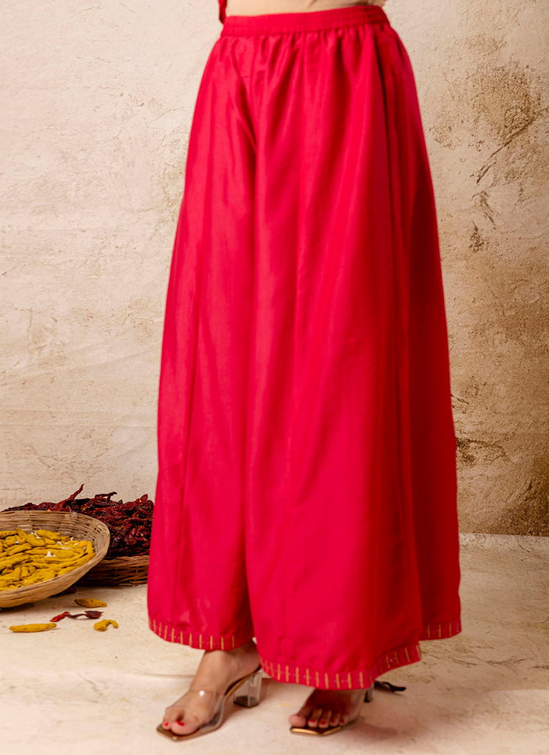 Vellora Silk Blend Red Casual Wear Embroidery Work Readymade Plazzo Suit | Grocsy