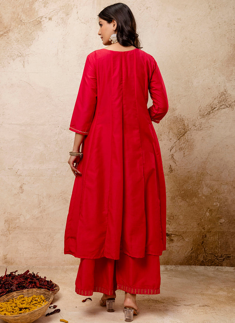 Vellora Silk Blend Red Casual Wear Embroidery Work Readymade Plazzo Suit | Grocsy