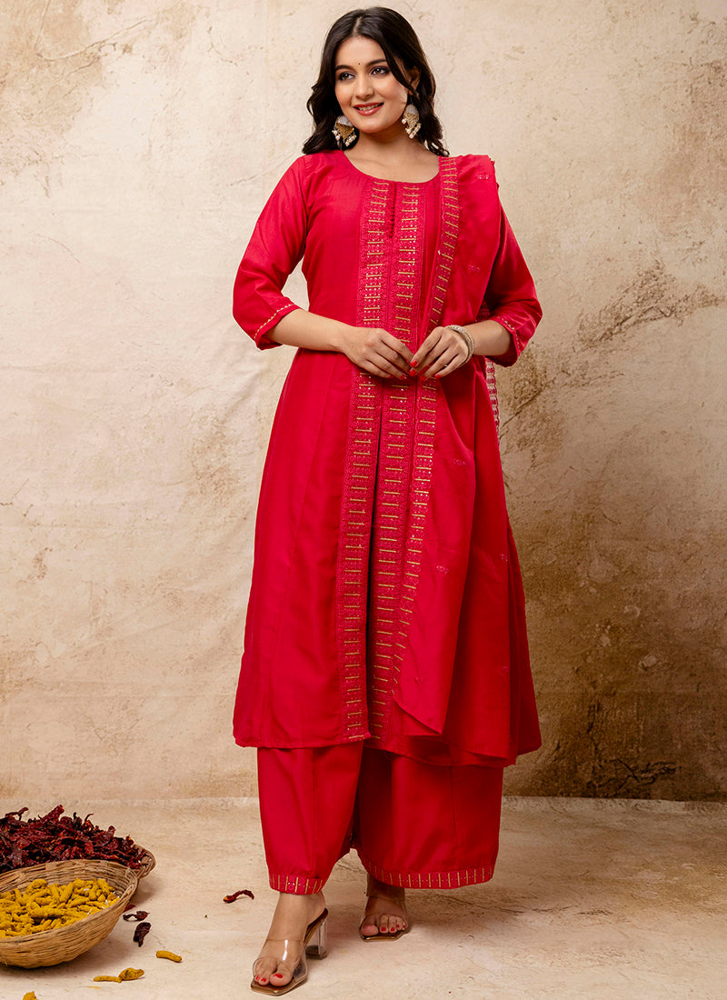 Vellora Silk Blend Red Casual Wear Embroidery Work Readymade Plazzo Suit | Grocsy