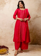Vellora Silk Blend Red Casual Wear Embroidery Work Readymade Plazzo Suit | Grocsy