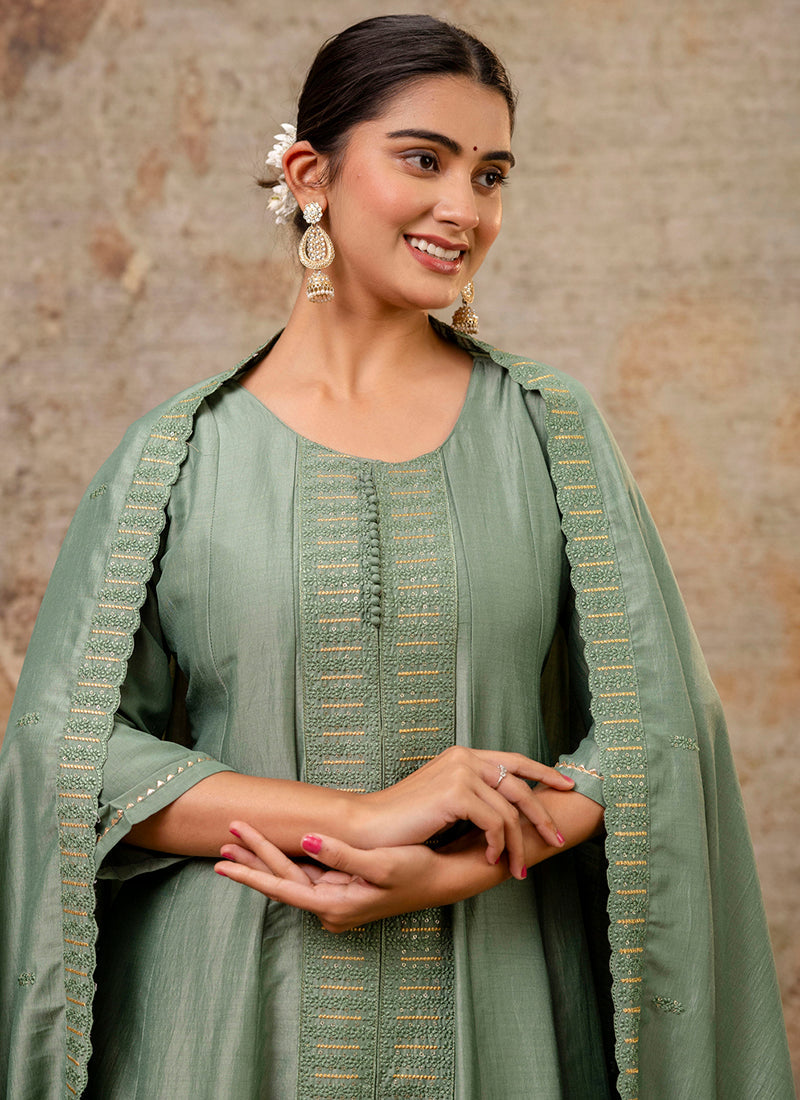 Vellora Silk Blend Sage Green Casual Wear Embroidery Work Readymade Plazzo Suit | Grocsy