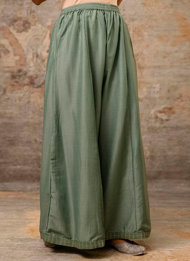 Vellora Silk Blend Sage Green Casual Wear Embroidery Work Readymade Plazzo Suit | Grocsy