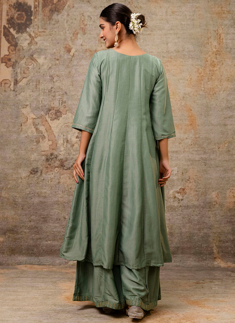 Vellora Silk Blend Sage Green Casual Wear Embroidery Work Readymade Plazzo Suit | Grocsy
