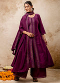 Vellora Silk Blend Wine Casual Wear Embroidery Work Readymade Plazzo Suit | Grocsy