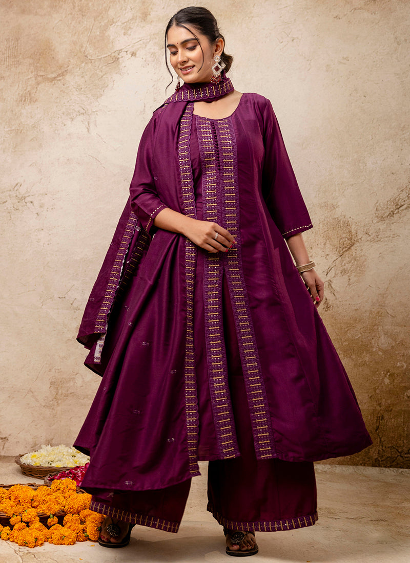 Vellora Silk Blend Wine Casual Wear Embroidery Work Readymade Plazzo Suit | Grocsy