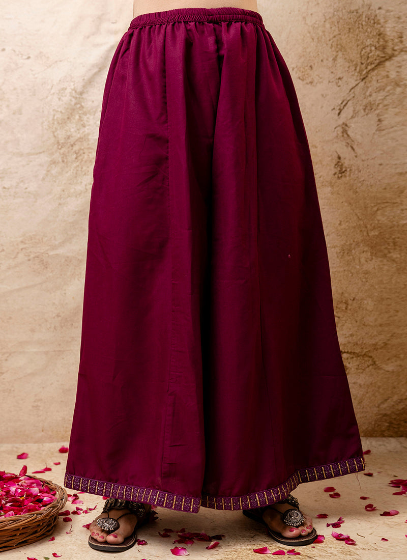 Vellora Silk Blend Wine Casual Wear Embroidery Work Readymade Plazzo Suit | Grocsy