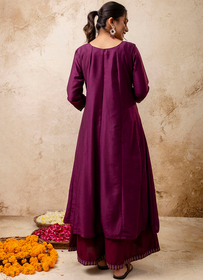 Vellora Silk Blend Wine Casual Wear Embroidery Work Readymade Plazzo Suit | Grocsy